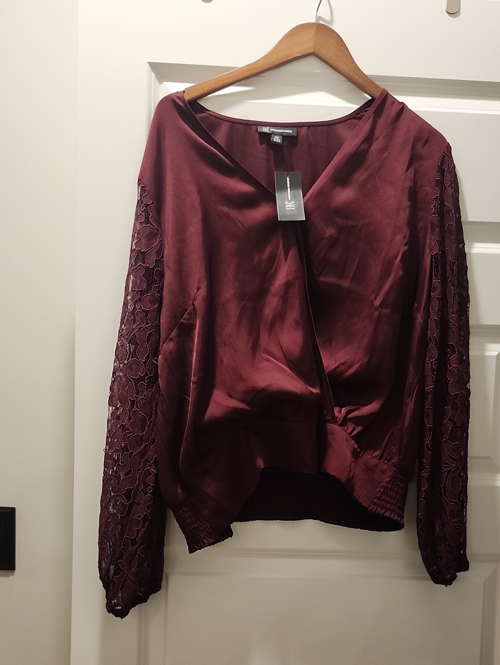 NWT International Concepts Women's Satin Burgundy Blouse with Lace Sleeves